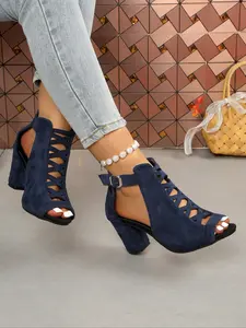 Women's Vintage Roman Sandals Summer New One Strap Open Toe Shoes Fashion Hollow Out Design Chunky Heel Casual Textile Rubber Sole