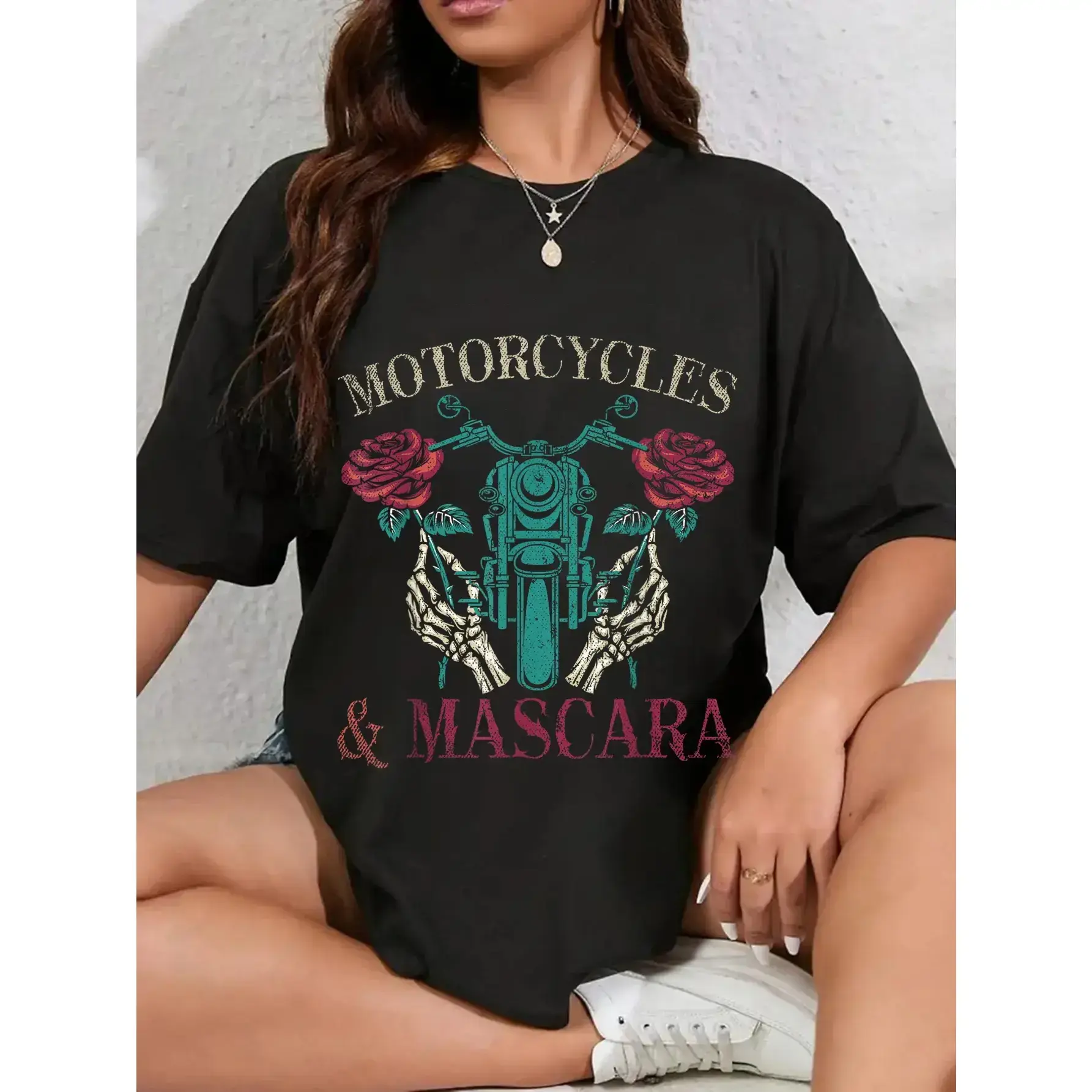 100%25 Cotton Motorbike Riding Women Motorcycles And Mascara Roses Biker T-Shirt