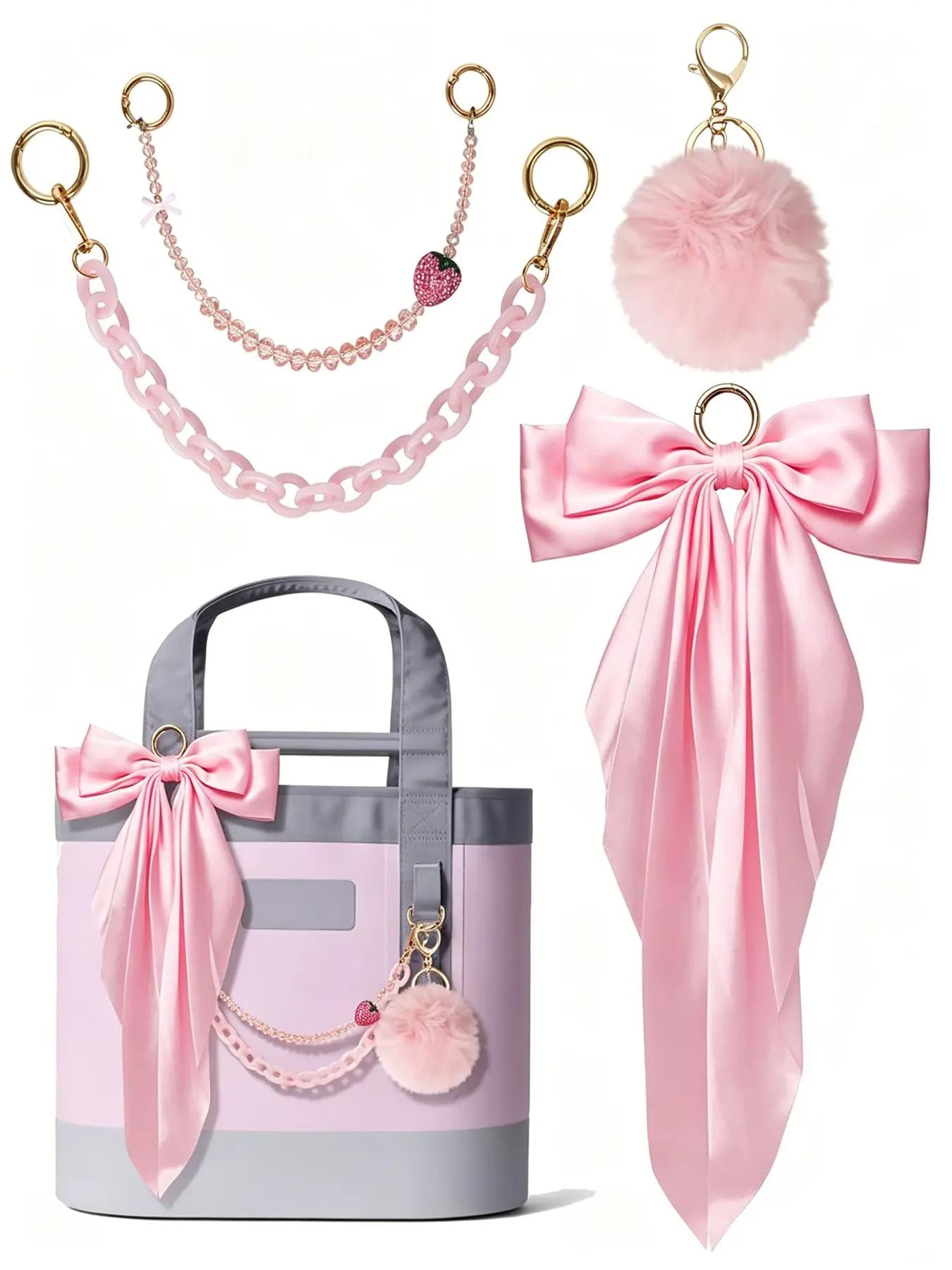 4-Piece Set Style Sweet Strawberry Bag Decorative Accessories, Girly Purse Accessories, Bag Accessory, Beads Acrylic Chain Pom Pom Bow Scarf, Bucket Bag Totem Hanging Ornament, Trendy Bag Charms