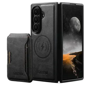 Magnetic Case for Samsung  Z Fold 7/6 with 2in1 Detachable Card Holder, Military Protection, Flip Kickstand, Compatible with MagSafe &Wireless Charging, Black Leather Phone Z Fold 7/6