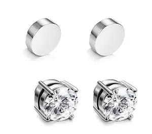 Stainless Steel Magnetic Stud Earrings for Men Women Non-piercing CZ 6-8mm, no piercing ears, anti-allergic