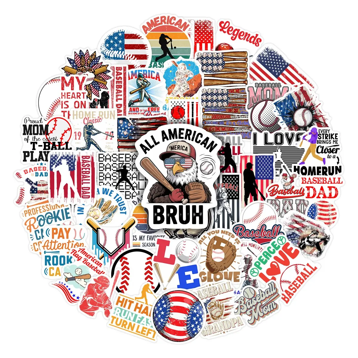 50pcs Baseball American Themed Stickers Pack, DIY Sticker, Waterproof Vintage Sports Patriotic Baseball Decals for Laptop, Water Bottle, Journal & Scrapbook, Baseball & Patriotic Sports Lover Gift, Sticker Sheets, Sticker Set