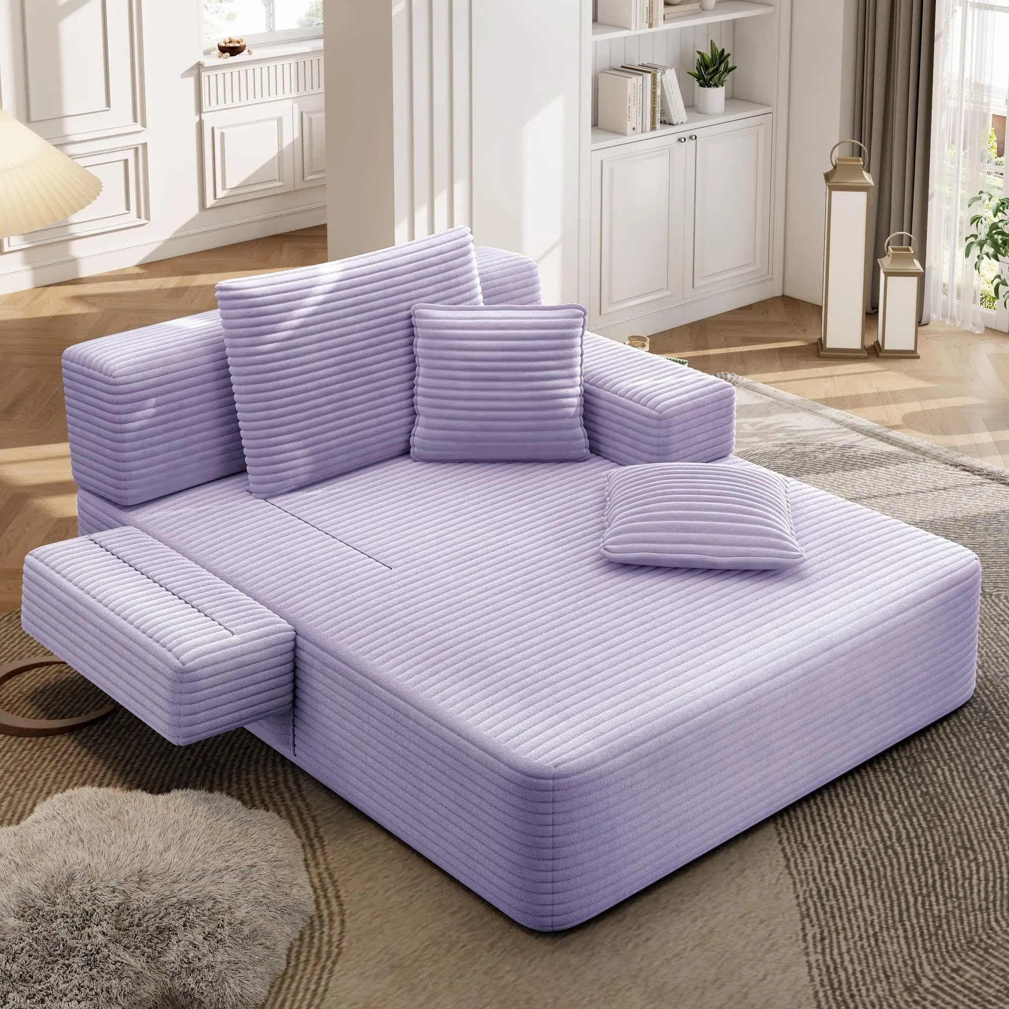 Ribbed Modern Corduroy Oversized Convertible Boneless Chaise Lounge Sofa Bed Furniture, Deep Seat Cloud Couch with Side Pockets, No-Assembly Indoor Reading Sleeper Chair for Living Room, Purple
