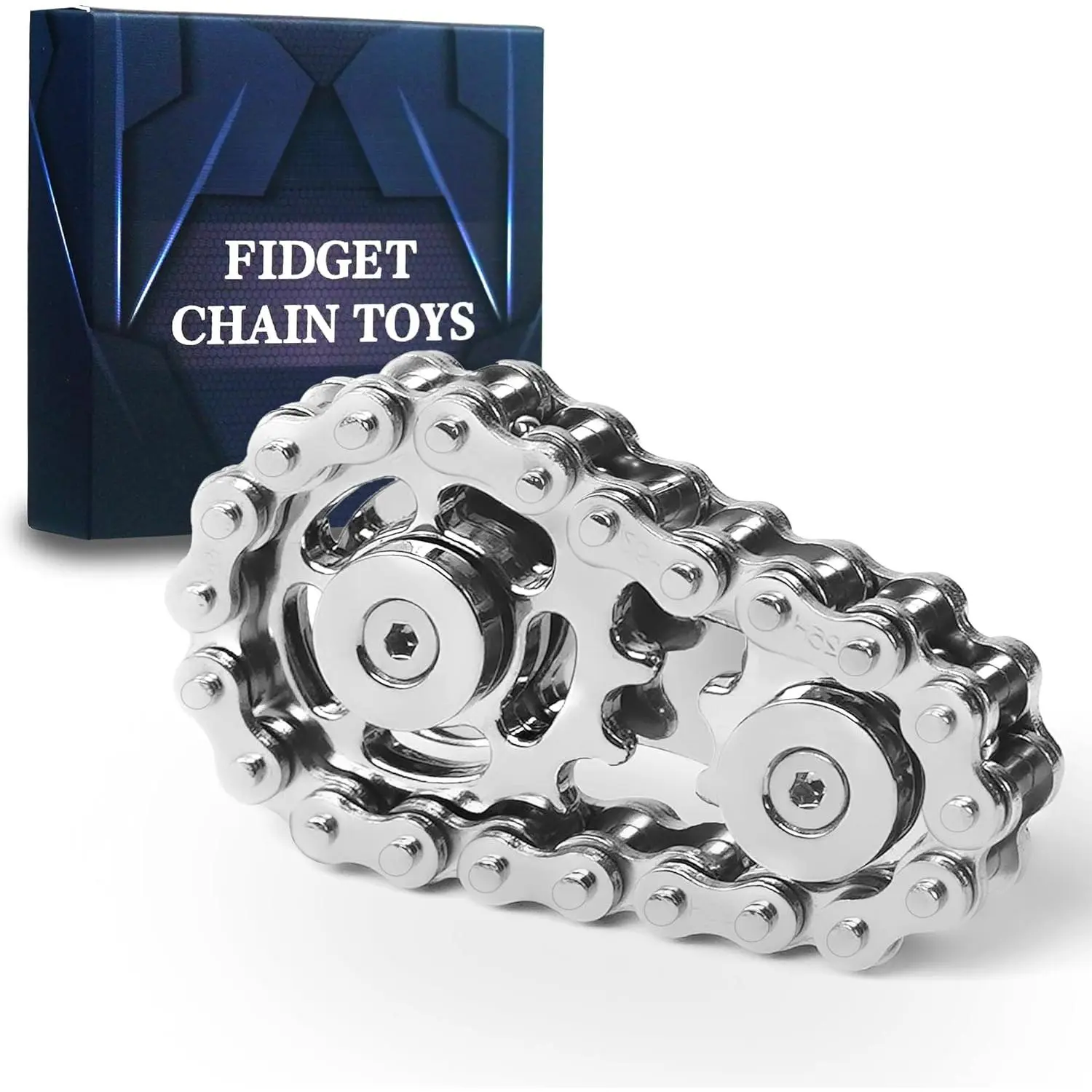 Cheslicr Silver 2pc Metal Bike Chain Fidget Spinner Toy - 0.08 kg, 2.4in x 1.5in Quiet Stimming Tool, Non-Toxic Unisex Stress Relief Gadget for Autism, Easter Basket Stuffer