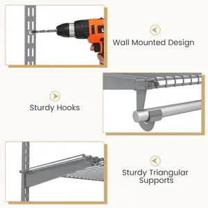 COSTWAY - Closet System 4-8 FT Wall-Mounted Closet Shelves and Rod-Gray