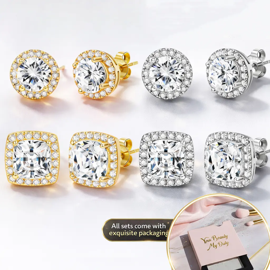FUNRUN Halo Stud Earrings 2/4-Pair Set | 18K Gold & White Gold Plated | Skin-Friendly 925 Silver Post | Couple Jewelry Unisex
