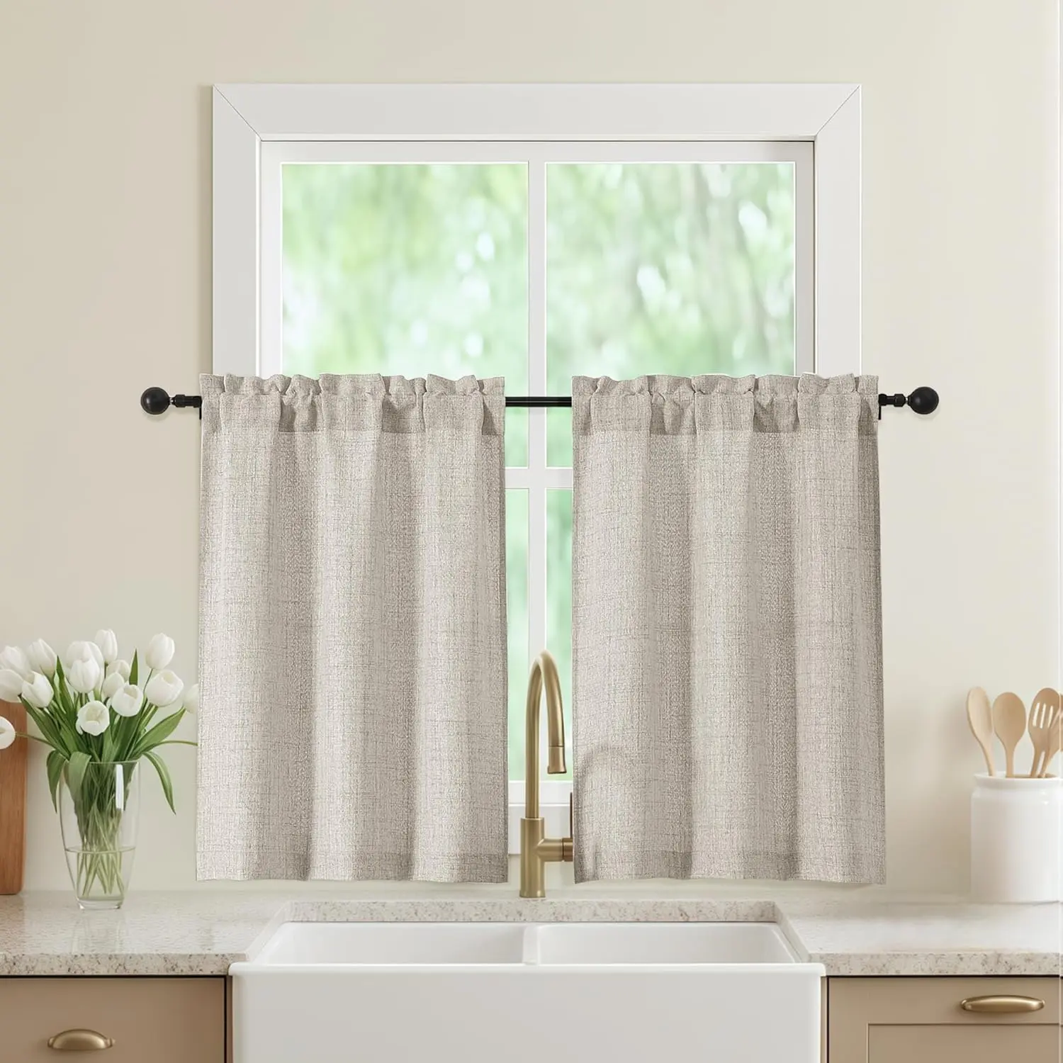 Linen Kitchen Curtains 36 Inch Length 2 Panels, Light Filtering Farmhouse Faux Linen Textured Short Curtains for Windows, Small Curtain Tier for Cafe Cabinet Bathroom RV Camper, 30Wx36L Inch