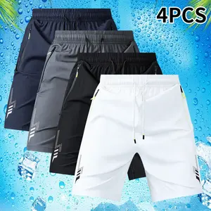 Men’s 4-piece lightweight casual athletic shorts set with zippered pockets—geometric pattern, drawstring waist—suitable for summer sports and leisure; casual shorts | geometric-pattern shorts | shorts with zippered pockets