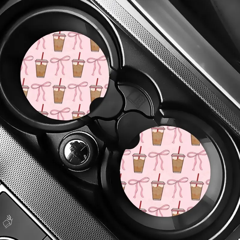 Car Coaster Set Hot Girls Hit Curbs Iced Coffee Pink Checkerboard Design with Cherries and Lightning Bolt Accents