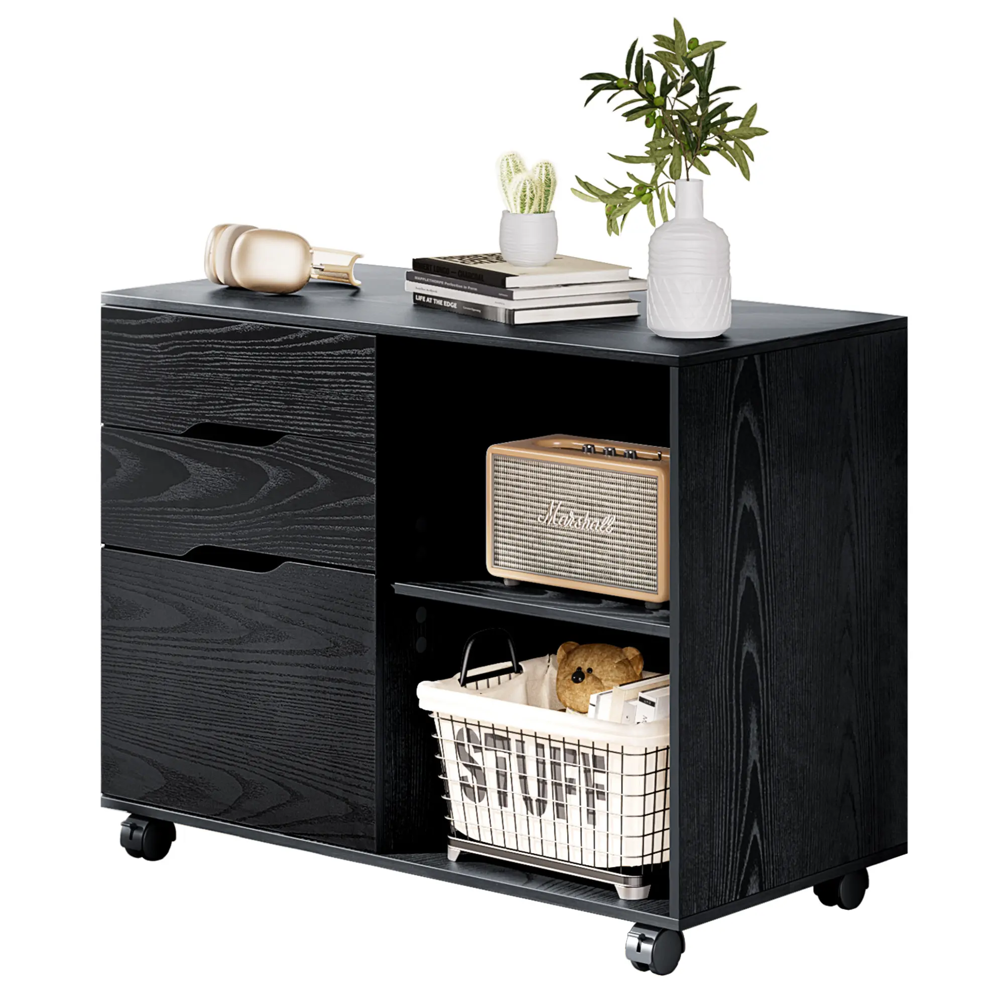 Modern 3-Drawer Lateral Filing Cabinet, Mobile Organization Desk for Home Office, Printer Stand with Open Storage Shelves