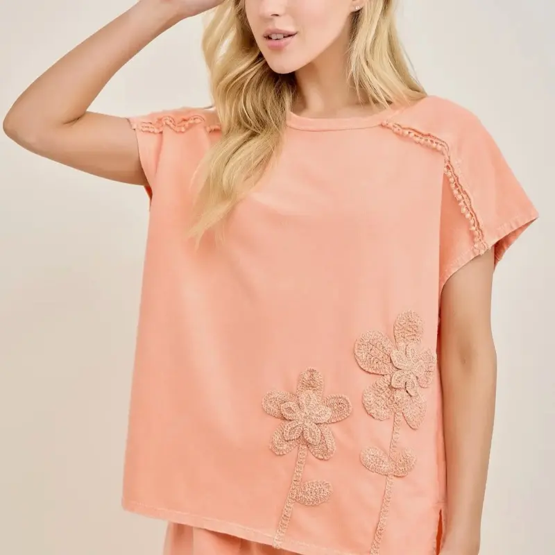 Women Papaya Orange Floral Embroidery Shirt