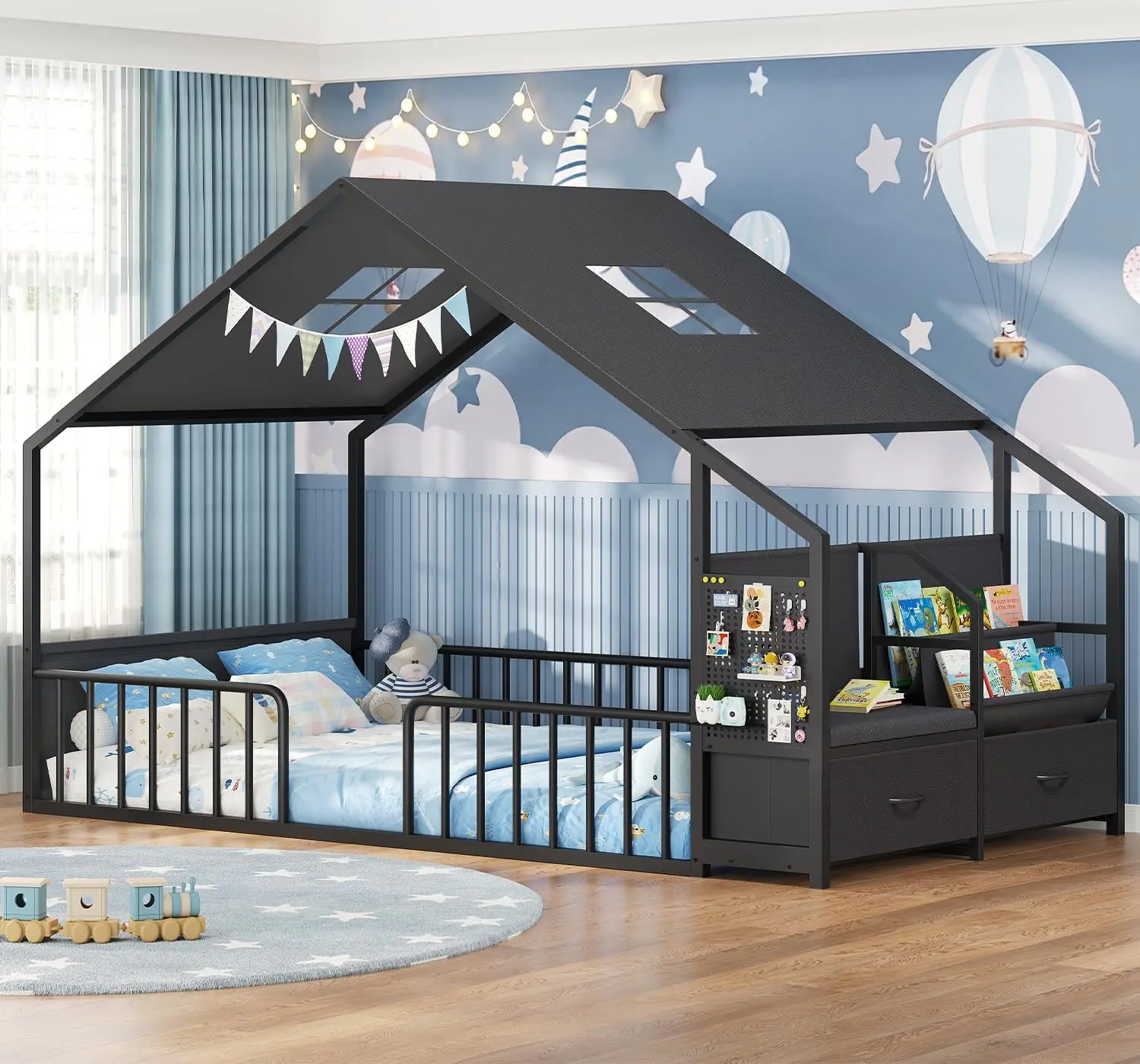 ADORNEVE Montessori Twin Metal Bed Frame - Modern House Form, Storage Drawers, Guardrail Safe, Reading Nook, Built-In Bookshelves