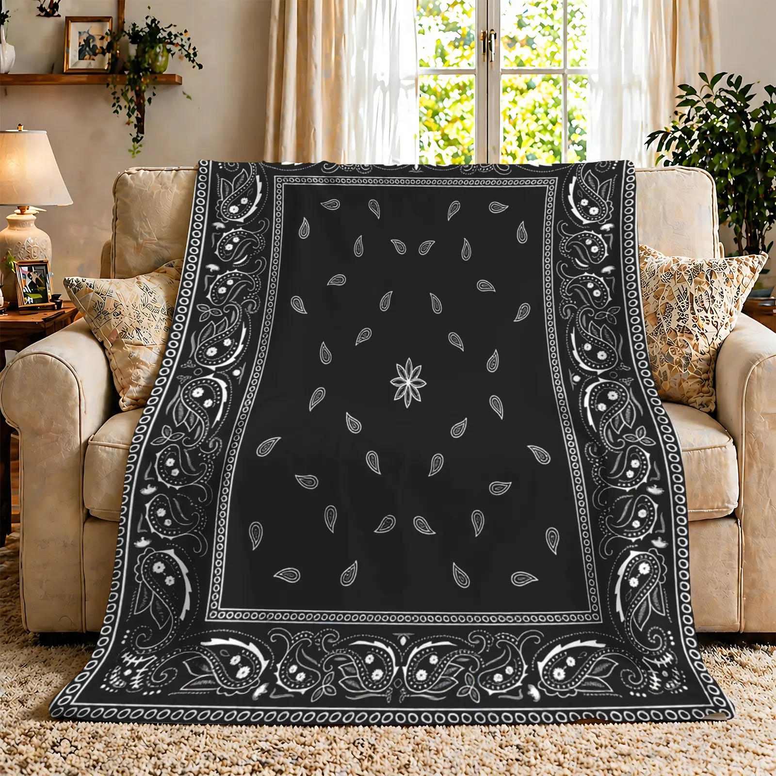 Paisley Boho Bandana Flannel Blanket - Black-White, Soft Cozy Warm, Vintage Design, Wrinkle Resistant, Durable, Breathable, Multi-Size 30x40in-60x80in, 30x40in Small for Babies, 60x50in Medium for Teens, Bedroom Decor Gift, 30X40inch（Small For Babys）, 60X