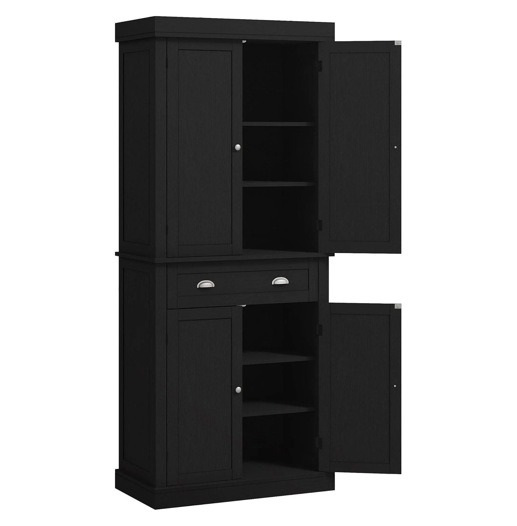 72" Kitchen Pantry Cabinet, Black Wood, Freestanding Storage, Adjustable Shelves, Home Organization, Tall Narrow Pantry