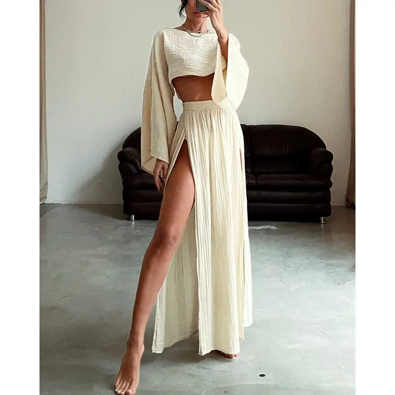 Casual vacation linen blend short high waist chic slit cotton and linen casual two-piece set