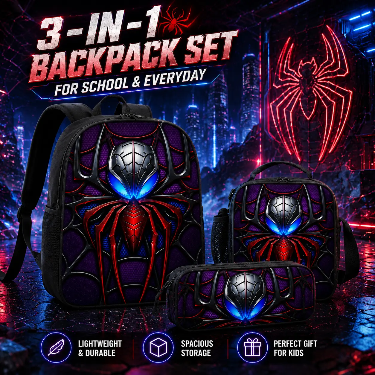 Streetwear Utility Daypack Combo, Men's Cyber Spider Graphic Polyester Travel Shoulder Bag, Comprehensive Tech Armor Fashion Accessories Set