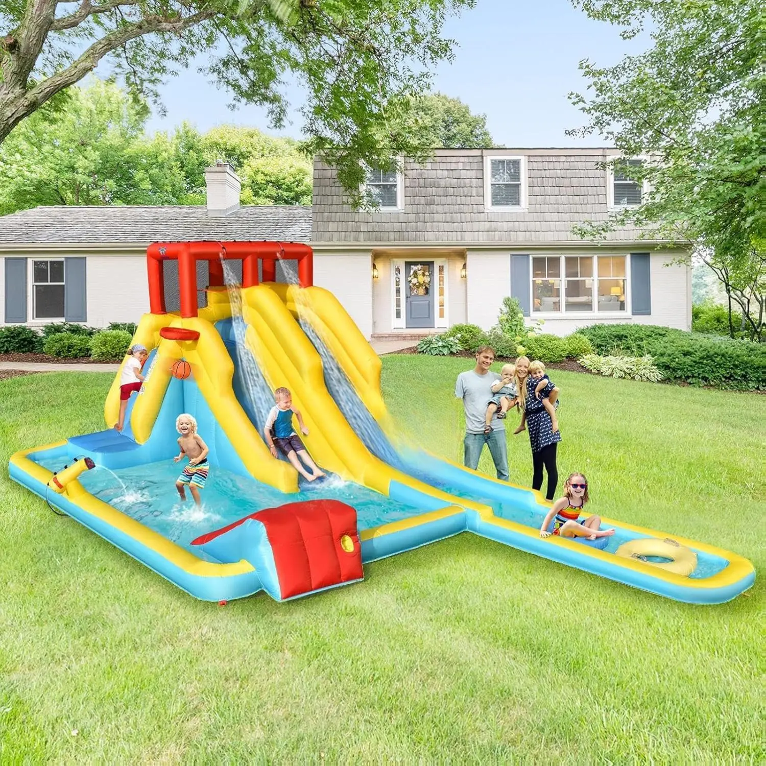 【Dealsforyou】Costzon Kids Inflatable Outdoor Water Park Playset - Bouncy Castle, Dual Floating Water Slides, 2 Swimming Rings, Blower