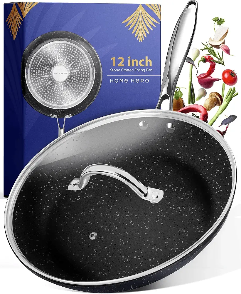 12-Inch Stone-Coated Nonstick Frying Pan with Glass Lid – Large Nonstick Skillet, PFOA-Free Cooking Pan, Black