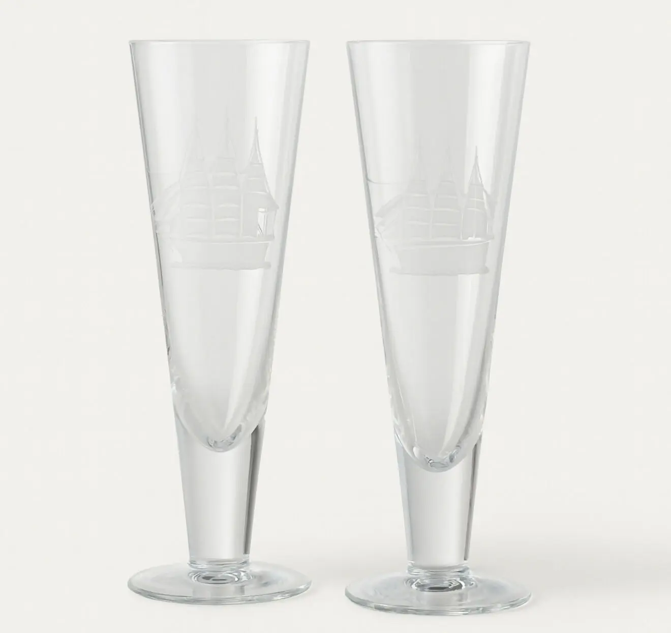Etched Crystal Pilsner Beer Glasses | Ship Design | Set of 2 | Excellent Condition