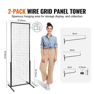 2' x 5.6' Grid Wall Panels Tower, 2 Packs Wire Gridwall Display Racks with T-Base Floorstanding, Double Side Gridwall Panels for Art Craft Shows, Retail Display with Extra Clips and Hooks