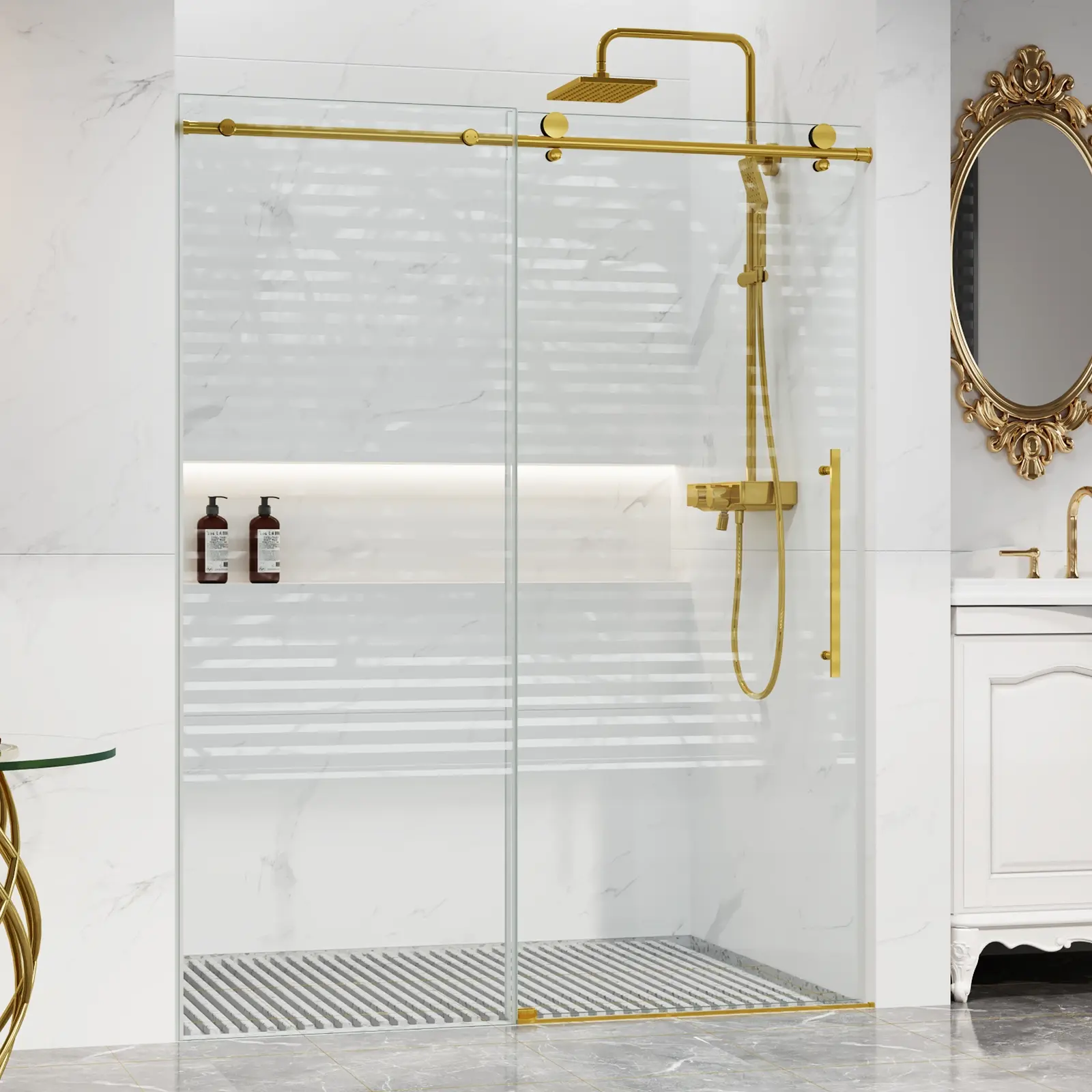 Frameless sliding shower door -56-60 inches wide x 75 inches high, 5/16 inch transparent SGCC tempered glass, easy to clean coating, waterproof seal, stainless steel hardware, silver - modern bathroom accessory