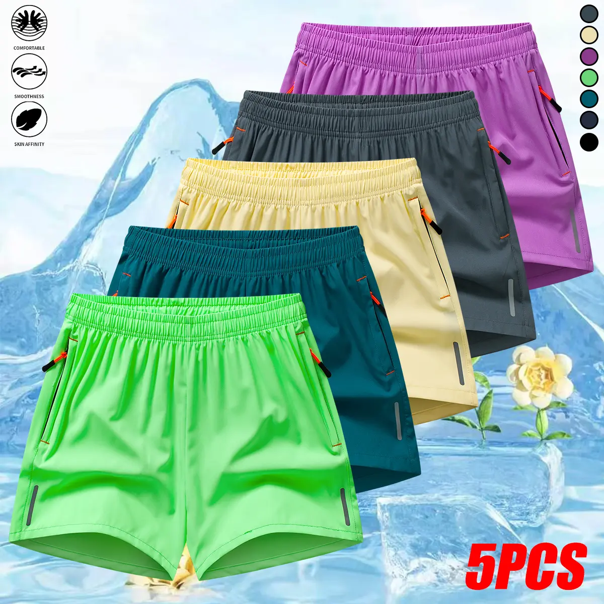 Set of 5 women’s athletic shorts: solid color design, breathable and comfortable, with zippered pockets and an elastic waistband. Suitable for vacations, home wear, yoga, and more. Summer shorts, women’s summer clothing.