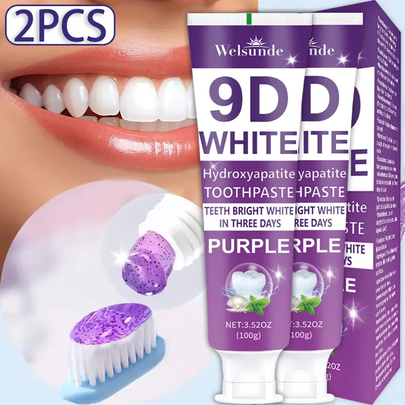 Welsunde 9D Purple Hydroxyapatite Toothpaste for Adults - Fluoride-Free, Peppermint Oil, Deep Clean, Gum Health, Bright White, Stain Removal, Teeth Stain Cleaner, Non-Toxic, Bad Breath Oral Freshening, 100g Portable Oral Care