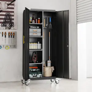 71" Tall Broom Closet Storage Cabinet with Hanging Rod for Cleaning Supplies & Tools,Metal Utility Storage Cabinets with Lock,Wardrobe Cabinets with Adjustable Shelves for Garage,Laundry Room,Bedroom