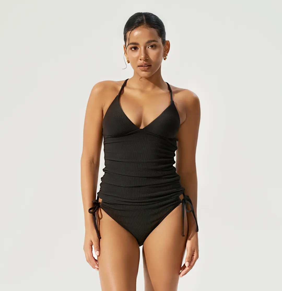 Women's 2-Piece Tankini Swimsuits Set, V-Neck Crisscross Adjustable Double Straps, Ruched Mid-Rise Bottoms with Removable Soft Cups for Comfortable Fit