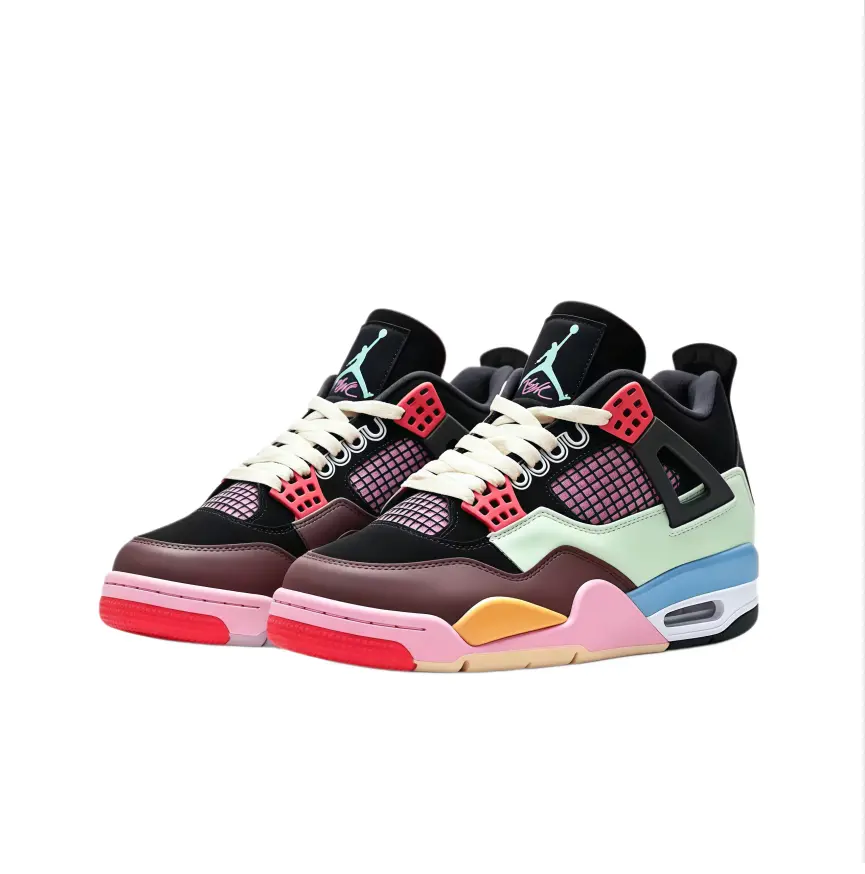 Vibrant Multi-Color Patchwork Vintage Lifestyle Trainers Air Flow Pink Mesh Vent Panels Chunky Cream Flat Shoelace Layered Stack Foam Midsole Wearproof Traction Rubber Toe All Gender Bold Casual Fashion Kicks