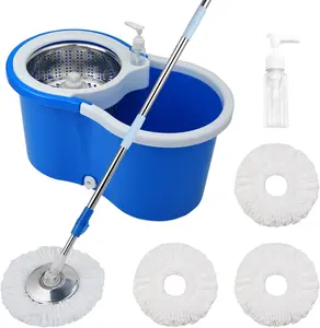 Spin Mop Bucket System, 360 Floor Cleaning Mop Bucket with 3 Microfiber Replacement Head Refills Stainless Steel Handle for House Cleaning