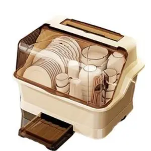 Space-Saving Covered Bowl Dish Drying Rack, Dish Drainer, Dustproof Kitchen Storage Cabinet, Organiser, Cream Color Plastic Utensil Holder with Drain Tray