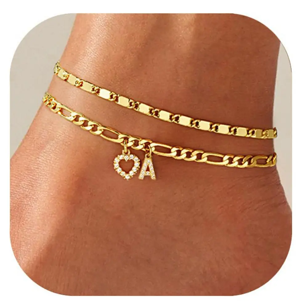 Initial Letter [X] Ankle Bracelet, 14K Gold Plated Layered Anklet with CZ Heart Charm, Dainty Foot Jewelry for Women
