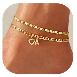 Initial Letter [X] Ankle Bracelet, 14K Gold Plated Layered Anklet with CZ Heart Charm, Dainty Foot Jewelry for Women