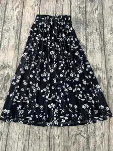 Black background with blue and white floral prints, high-waisted, stretched-waist, wide-swing A-line skirt, spring and summer flowing and slimming mid-length skirt, Boho Casual Skirts