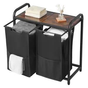 2-Section Laundry Sorter - Large Laundry Hampers with Metal Frame, Wooden Tabletop and Pull-Out 600D Oxford Cloth Dirty Clothes Basket, Home Bathroom Storage Organizer, Laundry Basket