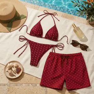 [HOT 2026] Matching Couples Swimwear Polka Dot, Women's Triangle Bikini Set & Men's Swim Trunks, Honeymoon Beachwear, Burgundy Red Matching Swimsuits