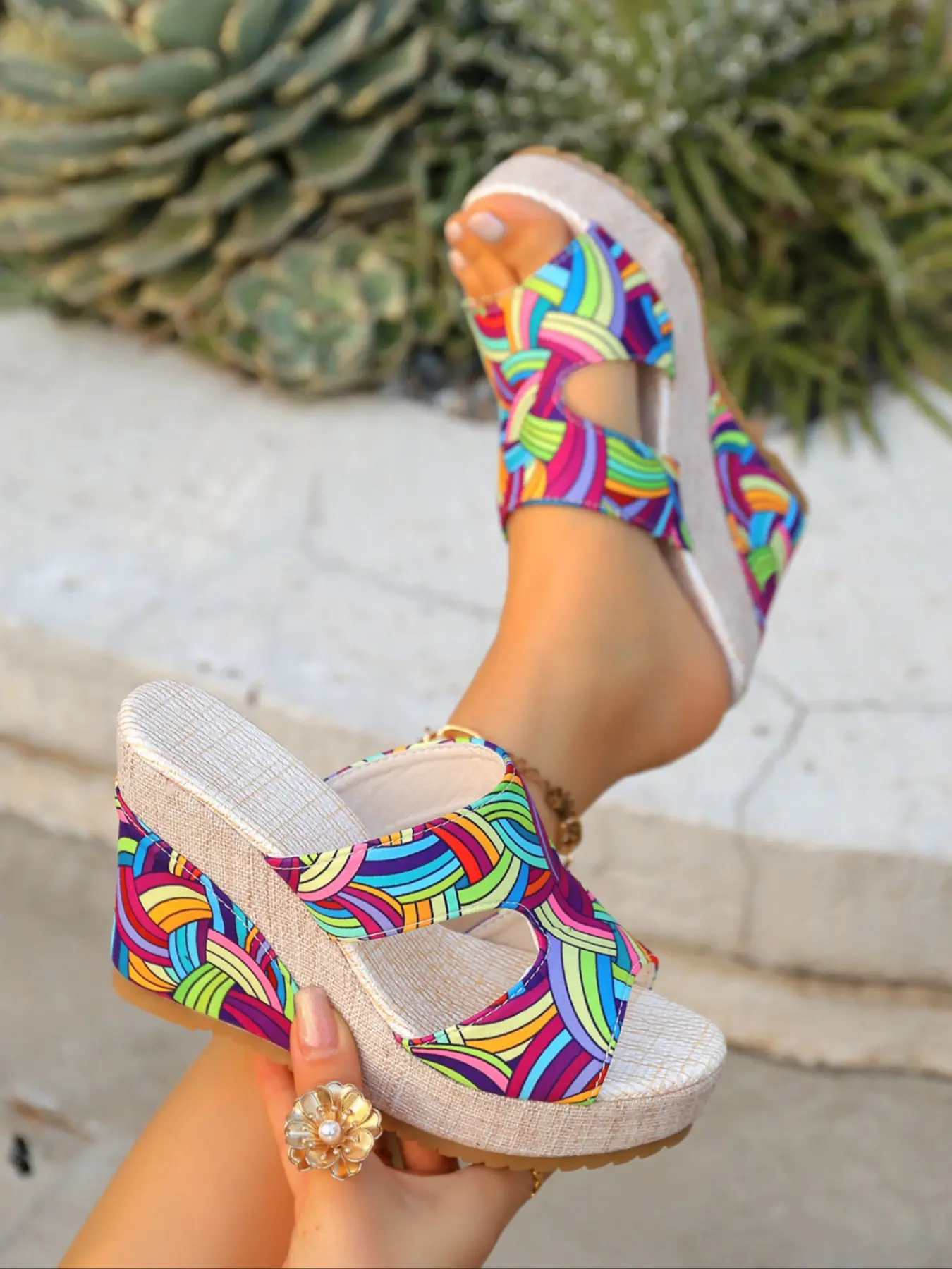 Summer New Rainbow Heeled Sandals Women, Thick Sole Height Increasing Slip-Ons, Boho Style Textile Upper, Less Than Ankle