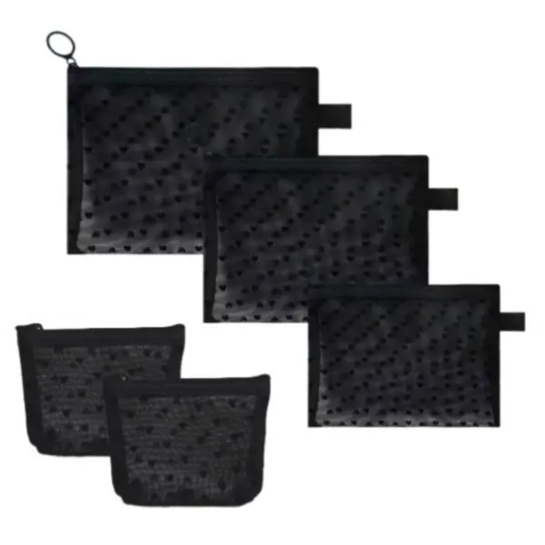 5-Piece Heart Printed Mesh Makeup Bag Set, Portable Travel Mesh Cosmetic Bags Toiletry Bags Makeup Purse Bags Mesh Zipper Storage Pouches for Home Offices Travel Accessories (Black) campingessentials