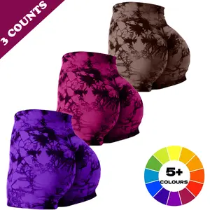 Three - piece set of women's tie - dyed high - waisted shorts that can lift the buttocks, designed for the gym. These are breathable and comfortable sportswear pants suitable for yoga, exercise and running.