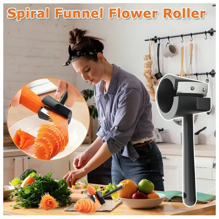 1x Stainless Steel Spiral Vegetable Cutter – Multifunctional Salad Flower Carver, Kitchen Gadget for Quick & Beautiful Vegetable Prep, Manual Rotary Slicer (Suitable for Cucumbers, Carrots, etc.)