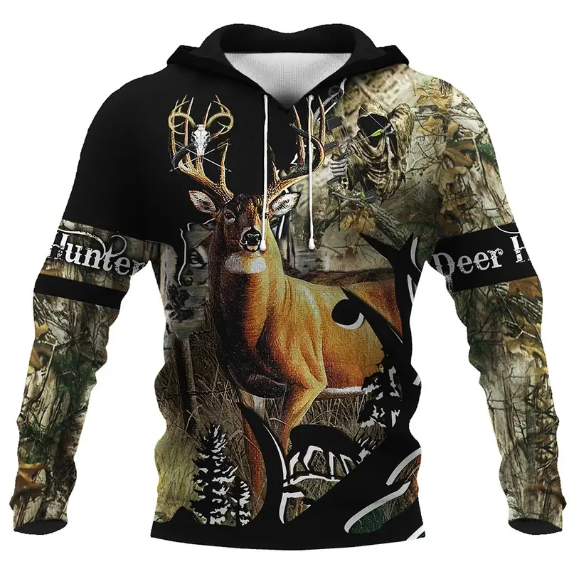 Men's Deer Hunting 3D Full Print Hoodies - Polyester Long Sleeve Menswear Tops, Casual Fashion Hooded Clothes for Drop Shipping