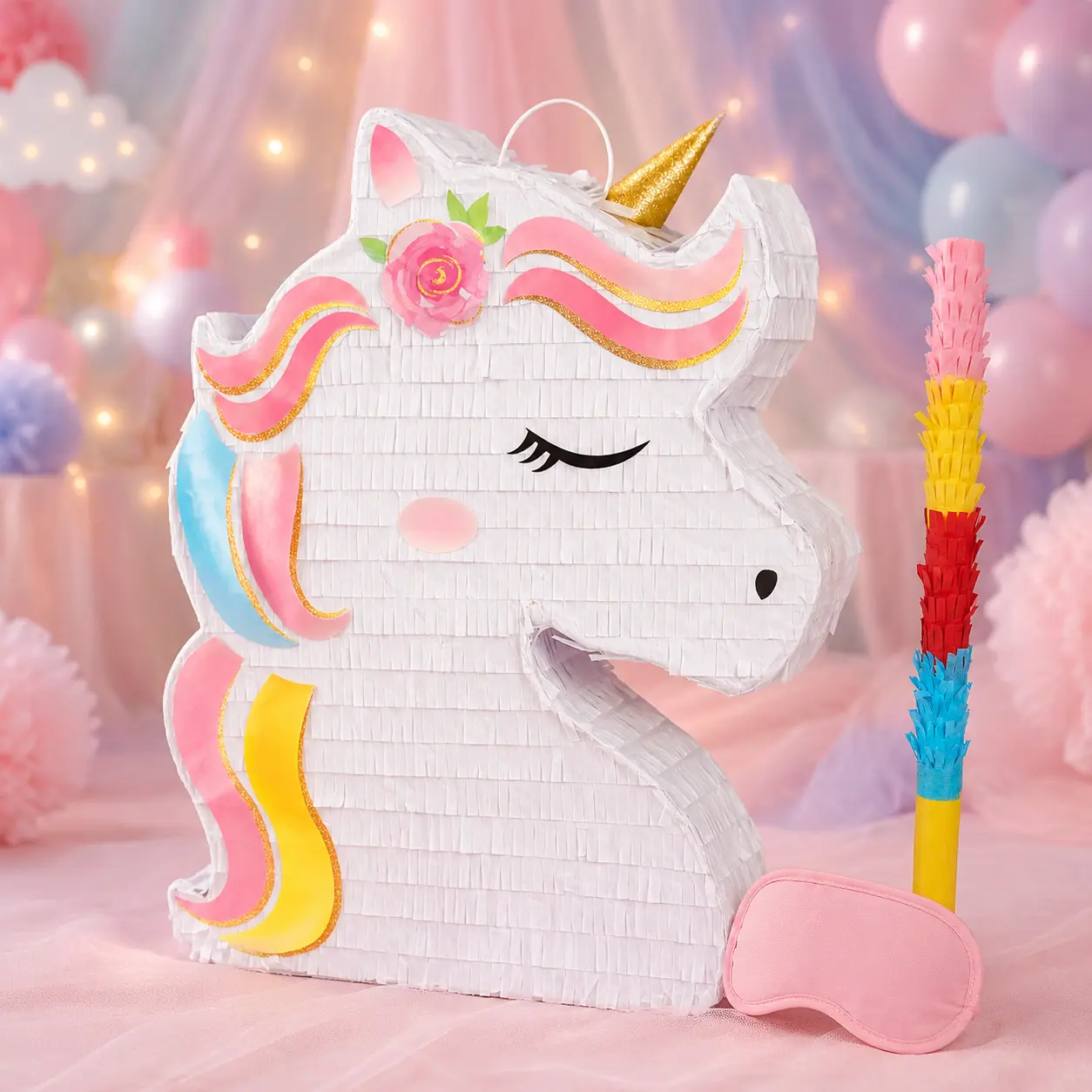 【Handmade】WERNNSAI Fun Traditional Joyful Unicorn Pinata for Girls - Kids Birthday Party Bundle with Blindfold, Bat, Stick, Carnival Decorations, Fiesta Theme Gift Basket Favors, Princess Game (15.7"x12.2"x3.1"), Polka Dot
