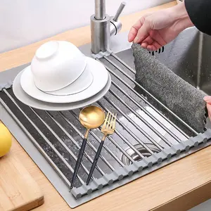 1Pcs Stainless Steel Roll Up Dish Drying Rack - Over The Sink Foldable Drain Rack, Portable Multifunctional Kitchen Sink Organizer for Dishes, Cups, Cutlery, Heat Resistant & Space-Saving