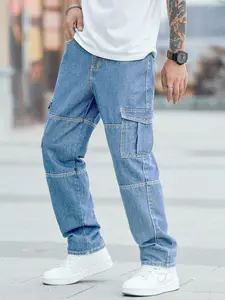Men's Solid Color Straight Leg Baggy Cargo Jeans With Pockets, Loose Casual Streetwear Fashion Flap Pocket & Slant Pocket Design Denim Trousers Pants for Daily Wear, Men's All-match Bottoms for All Seasons, Cotton, Menswear