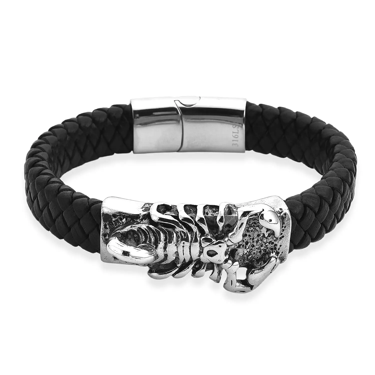 Braided Microfiber Leather Scorpio Bracelet in Stainless Steel (8.00 In)