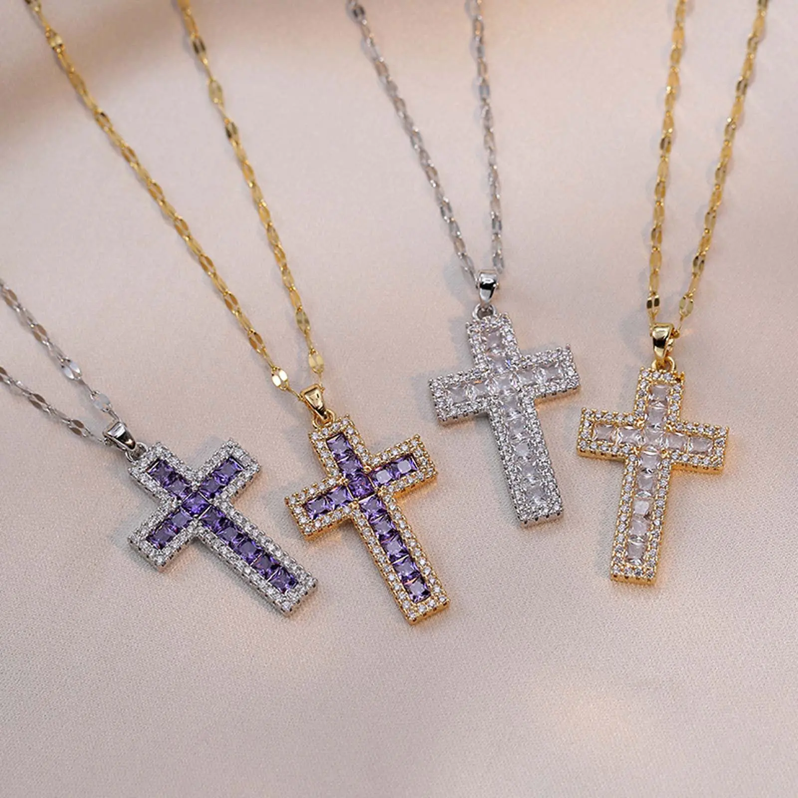 Purple white zircon cross pendant men and women accessories necklace clavicle chain daily gift Purple white zircon cross pendant men and women accessories necklace clavicle chain daily gift