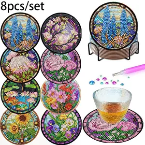 8-Piece Floral Art Diamond Painting Coasters Set, Heat-Resistant & Non-Slip, DIY Craft Gift for Adults & Beginners, Wooden Mosaic Cup Mats