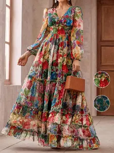 Spring & Fall Women's Chiffon Bodycon Dress, Romantic Floral Maxi, Deep V Neck Colorful Print, Party Holiday Long Dress Tt428