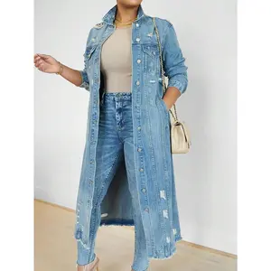 Womens Distressed Ripped Denim Trench Coat Casual Slim Button Down Washed Long Jean Jacket Long Sleeve Solid Color Coat